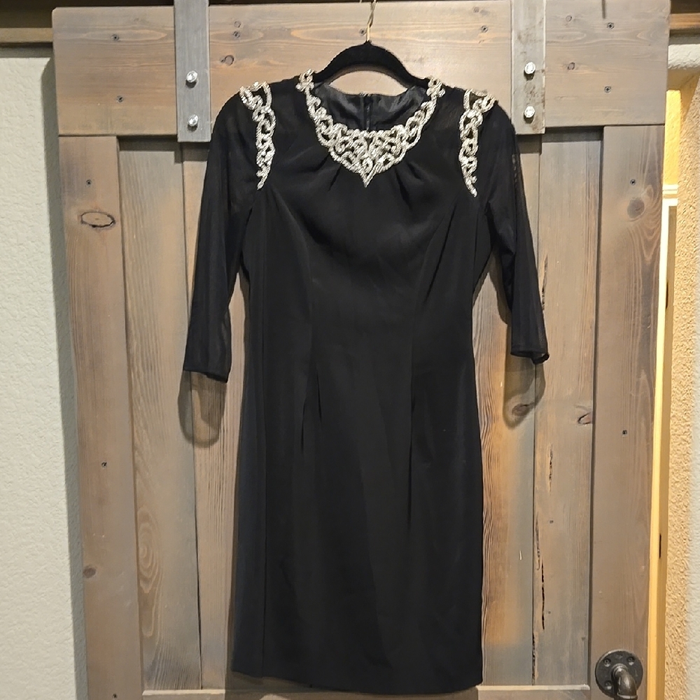 Alex Evenings Black Sheath Dress with Silver Embellishments And Sheer Sleeves